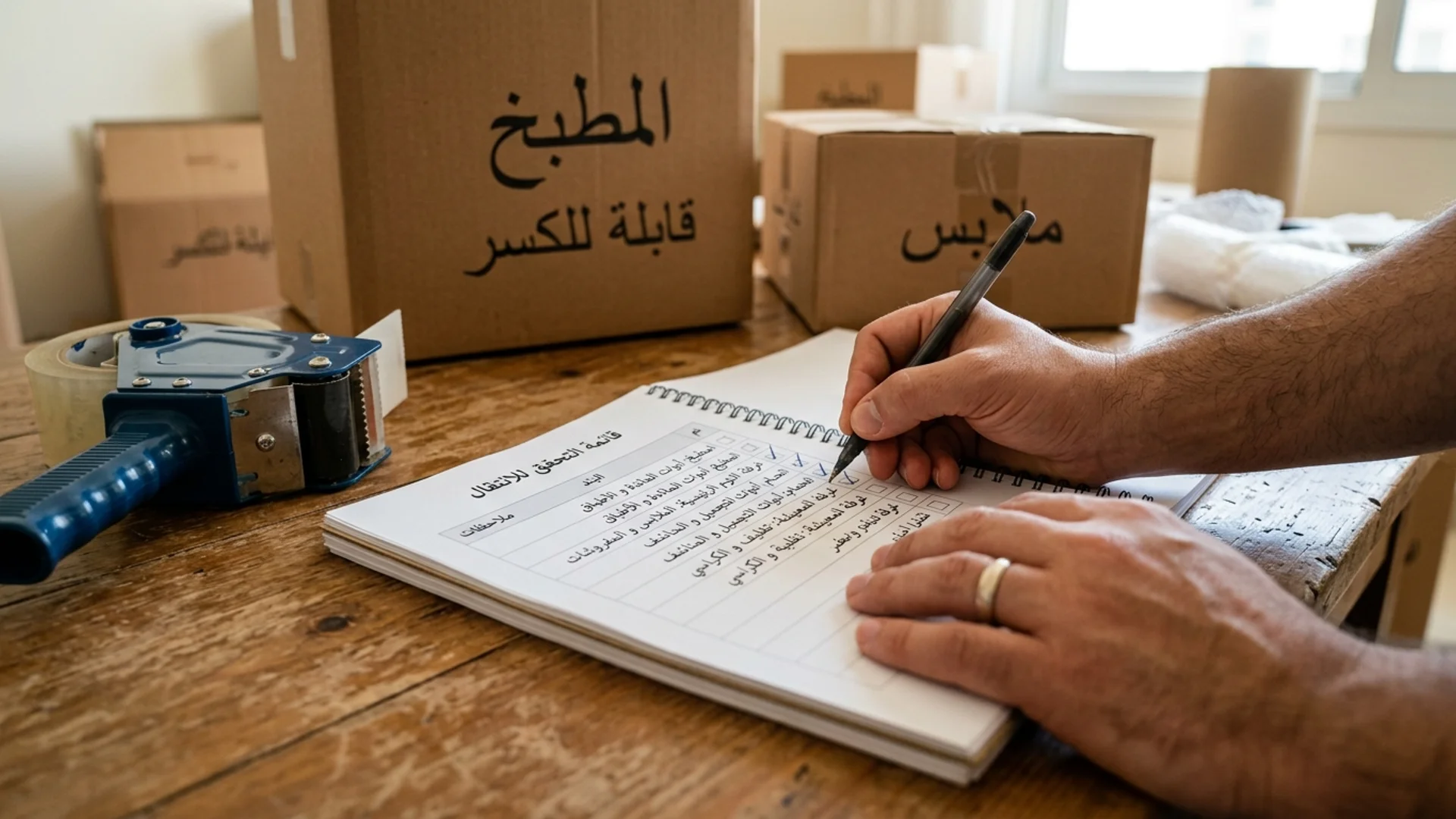 يد تكتب قائمة حصر مكتوبة بخط اليد بالعربية بجانب صناديق كرتون مكتوب عليها اسم الغرفة ومحتواها