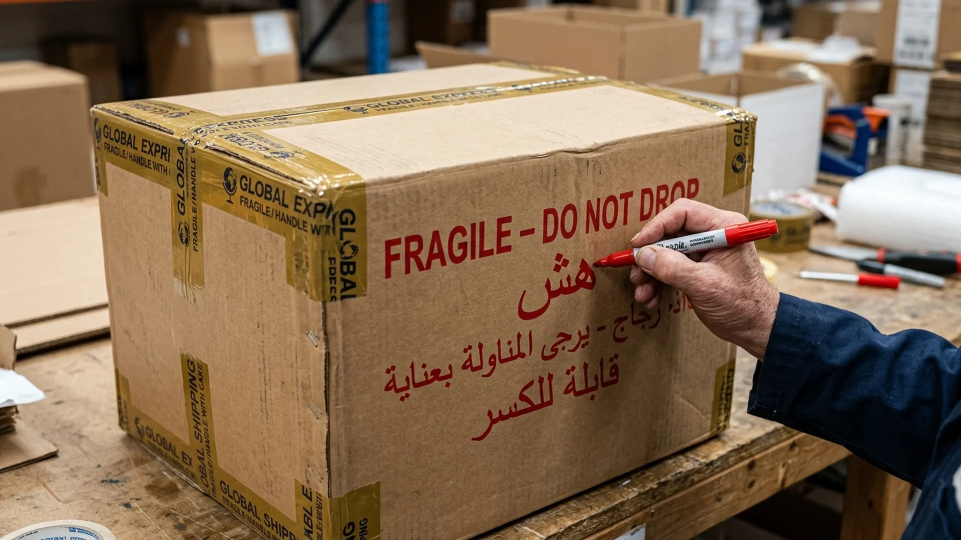 كراتين مكتوب عليها عبارة قابلة للكسر لتغليف القطع الزجاجية قبل النقل
