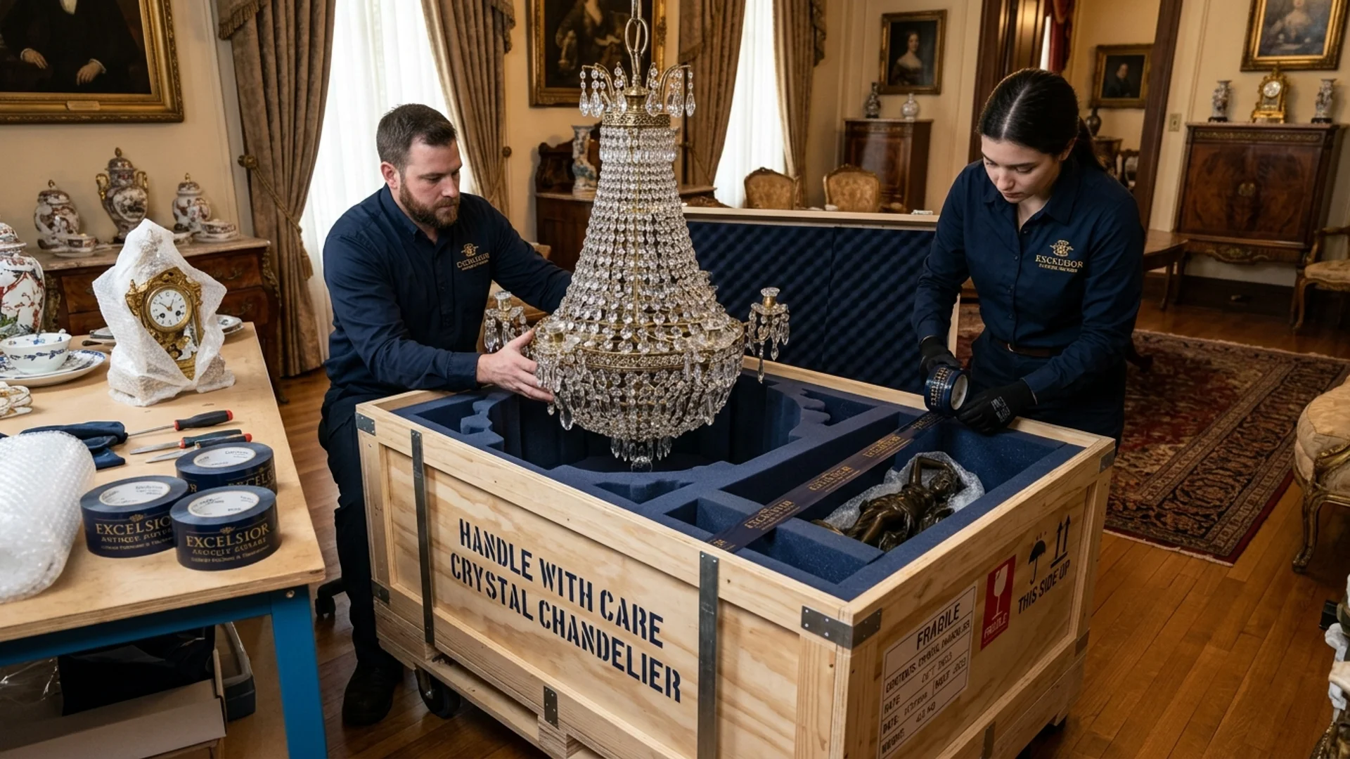 تغليف وحماية الثريات الكريستال والقطع الزجاجية والتحف الثمينة داخل صناديق خشبية مخصصة