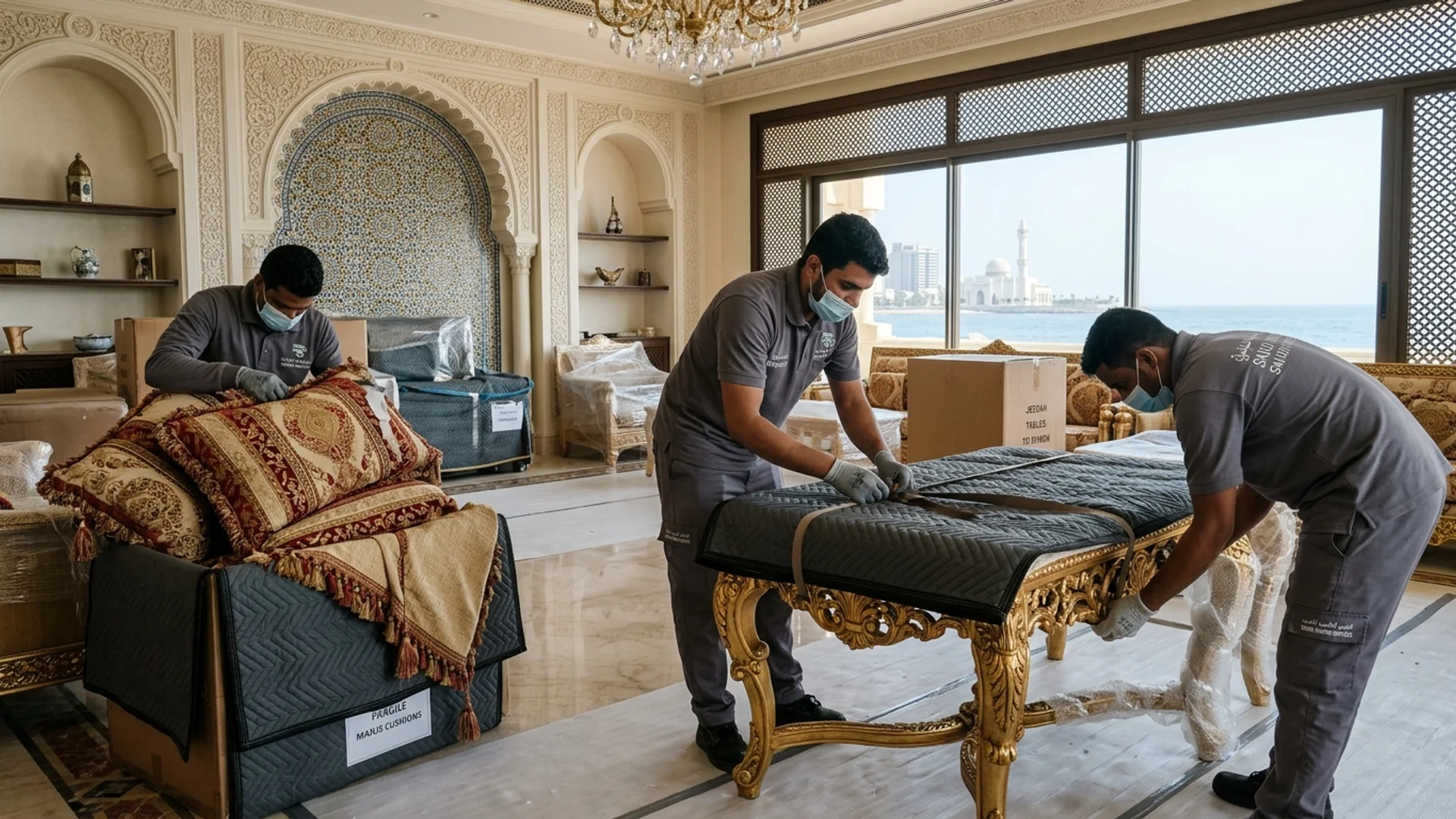 تغليف طقم كنب مجلس عربي بطبقات بلاستيك الستريتش والبطاطين الحامية بجدة