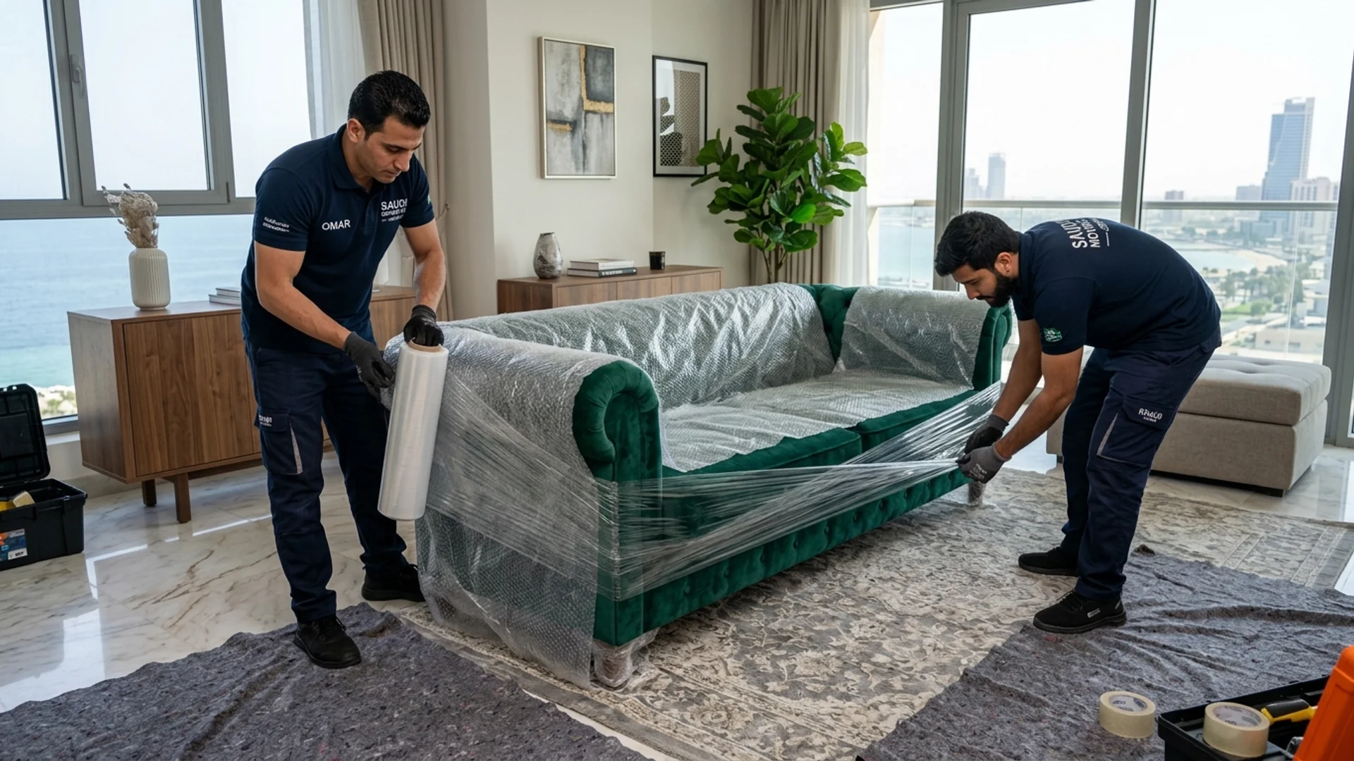 استعراض احترافي لمواد التغليف من فقاعات وكرتون واستريتش على أثاث بجدة