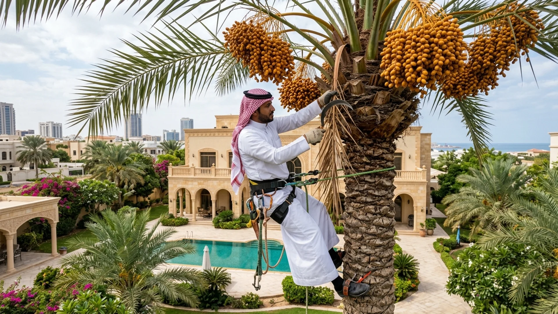 عامل يصعد جذع نخلة بحزام أمان وحبل لتقليم السعف وتنظيف العذوق في حديقة فيلا